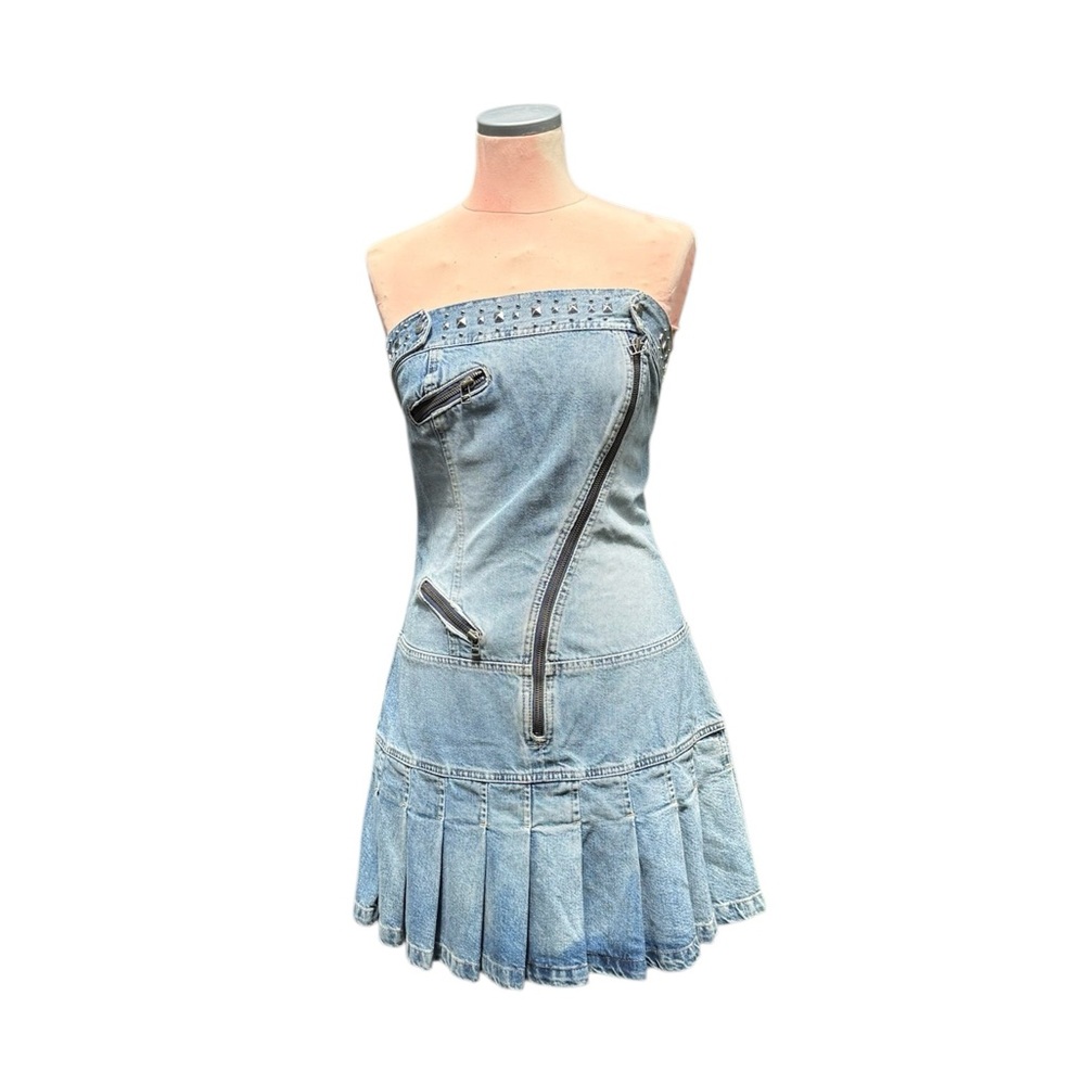 Denim Strapless Dress with Zipper Detail